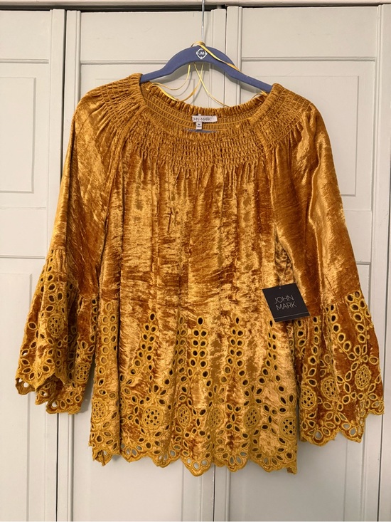 John Mark Tops - John Mark Women's Mustard Gold Velvet Eyelet Bell Sleeve Blouse